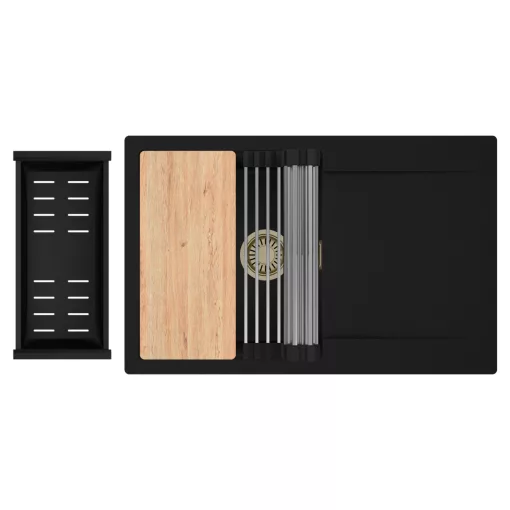 HD Onyx Black 78 egymedencés gránit mosogatótálca szett, csepegtetőtálcával, vágódeszkával, acél csepegtetőráccsal és matt fekete kosárral, matt fekete színben, szálcsiszolt arany leeresztő szifonnal