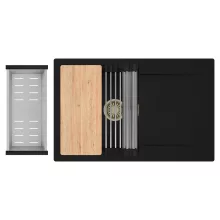 HD Onyx Black 78 egymedencés gránit mosogatótálca szett, csepegtetőtálcával, vágódeszkával, acél csepegtetőráccsal és kosárral, matt fekete színben, szálcsiszolt arany leeresztő szifonnal