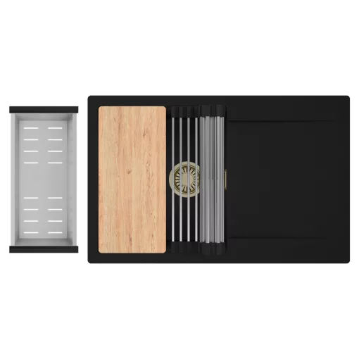 HD Onyx Black 78 egymedencés gránit mosogatótálca szett, csepegtetőtálcával, vágódeszkával, acél csepegtetőráccsal és kosárral, matt fekete színben, szálcsiszolt arany leeresztő szifonnal