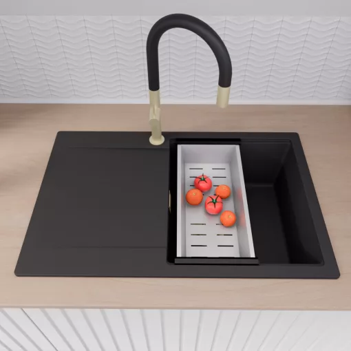 HD Onyx Black 78 egymedencés gránit mosogatótálca szett, csepegtetőtálcával, vágódeszkával, acél csepegtetőráccsal és kosárral, matt fekete színben, szálcsiszolt arany leeresztő szifonnal