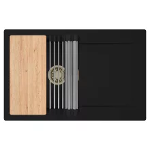 HD Onyx Black 78 egymedencés gránit mosogatótálca szett, csepegtetőtálcával, vágódeszkával, acél csepegtetőráccsal, matt fekete színben, szálcsiszolt arany leeresztő szifonnal