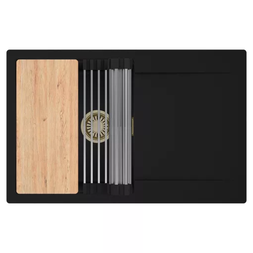 HD Onyx Black 78 egymedencés gránit mosogatótálca szett, csepegtetőtálcával, vágódeszkával, acél csepegtetőráccsal, matt fekete színben, szálcsiszolt arany leeresztő szifonnal