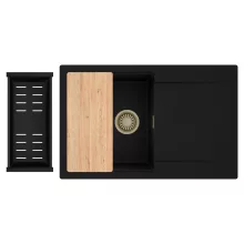 HD Onyx Black 78 egymedencés gránit mosogatótálca szett, csepegtetőtálcával, vágódeszkával, matt fekete csepegtetőkosárral, matt fekete színben, szálcsiszolt arany leeresztő szifonnal