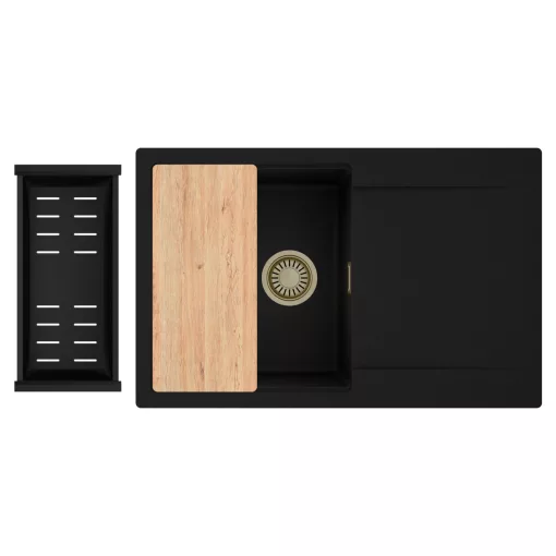 HD Onyx Black 78 egymedencés gránit mosogatótálca szett, csepegtetőtálcával, vágódeszkával, matt fekete csepegtetőkosárral, matt fekete színben, szálcsiszolt arany leeresztő szifonnal