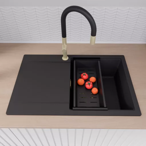 HD Onyx Black 78 egymedencés gránit mosogatótálca szett, csepegtetőtálcával, vágódeszkával, matt fekete csepegtetőkosárral, matt fekete színben, szálcsiszolt arany leeresztő szifonnal