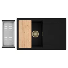 HD Onyx Black 78 egymedencés gránit mosogatótálca szett, csepegtetőtálcával, vágódeszkával, acél csepegtetőkosárral, matt fekete színben, szálcsiszolt arany leeresztő szifonnal