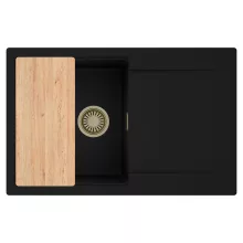 HD Onyx Black 78 egymedencés gránit mosogatótálca, vágódeszkával, matt fekete színben, szálcsiszolt arany leeresztő szifonnal