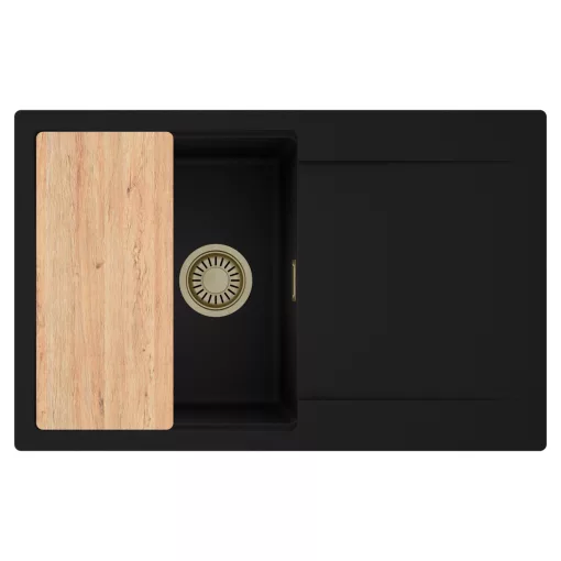 HD Onyx Black 78 egymedencés gránit mosogatótálca, vágódeszkával, matt fekete színben, szálcsiszolt arany leeresztő szifonnal