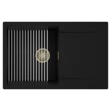 HD Onyx Black 78 egymedencés mosogatótálca szett, acél csepegtetőráccsal, csepegtetőtálcával, matt fekete színben, szálcsiszolt arany leeresztő szifonnal