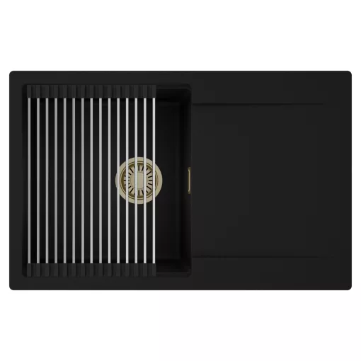 HD Onyx Black 78 egymedencés mosogatótálca szett, acél csepegtetőráccsal, csepegtetőtálcával, matt fekete színben, szálcsiszolt arany leeresztő szifonnal