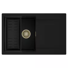 HD Onyx Black 78 egymedencés mosogatótálca szett, matt fekete csepegtetőkosárral, csepegtetőtálcával, matt fekete színben, szálcsiszolt arany leeresztő szifonnal