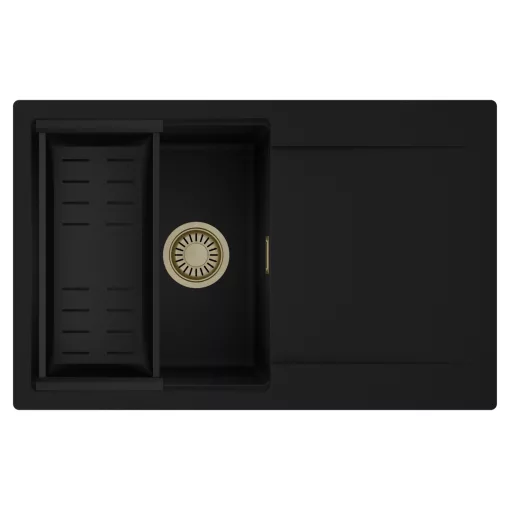 HD Onyx Black 78 egymedencés mosogatótálca szett, matt fekete csepegtetőkosárral, csepegtetőtálcával, matt fekete színben, szálcsiszolt arany leeresztő szifonnal