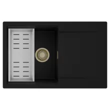 HD Onyx Black 78 egymedencés mosogatótálca szett, acél csepegtetőkosárral, csepegtetőtálcával, matt fekete színben, szálcsiszolt arany leeresztő szifonnal