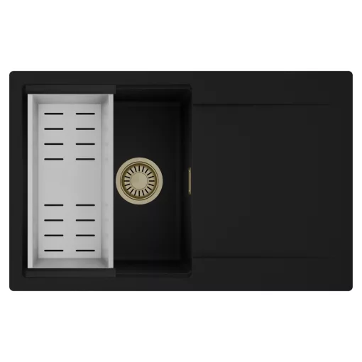 HD Onyx Black 78 egymedencés mosogatótálca szett, acél csepegtetőkosárral, csepegtetőtálcával, matt fekete színben, szálcsiszolt arany leeresztő szifonnal