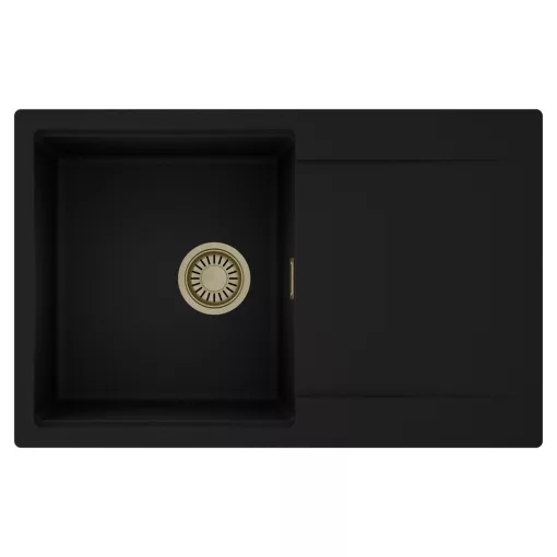 HD Onyx Black 78 egymedencés mosogatótálca, csepegtetőtálcával, matt fekete színben, szálcsiszolt arany leeresztő szifonnal
