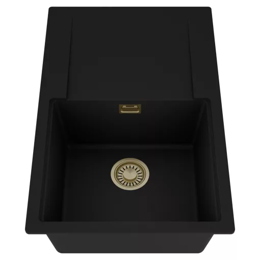 HD Onyx Black 78 egymedencés mosogatótálca, csepegtetőtálcával, matt fekete színben, szálcsiszolt arany leeresztő szifonnal