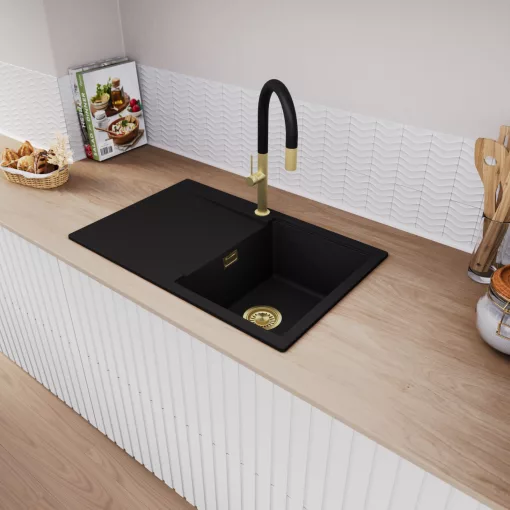 HD Onyx Black 78 egymedencés mosogatótálca, csepegtetőtálcával, matt fekete színben, szálcsiszolt arany leeresztő szifonnal