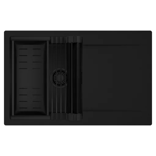 HD Onyx Black 78 egymedencés mosogatótálca szett, matt fekete csepegtetőráccsal és kosárral, csepegtetőtálcával, matt fekete színben, matt fekete leeresztő szifonnal