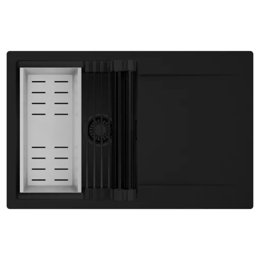 HD Onyx Black 78 egymedencés mosogatótálca szett, matt fekete csepegtetőráccsal és krómozott kosárral, csepegtetőtálcával, matt fekete színben, matt fekete leeresztő szifonnal