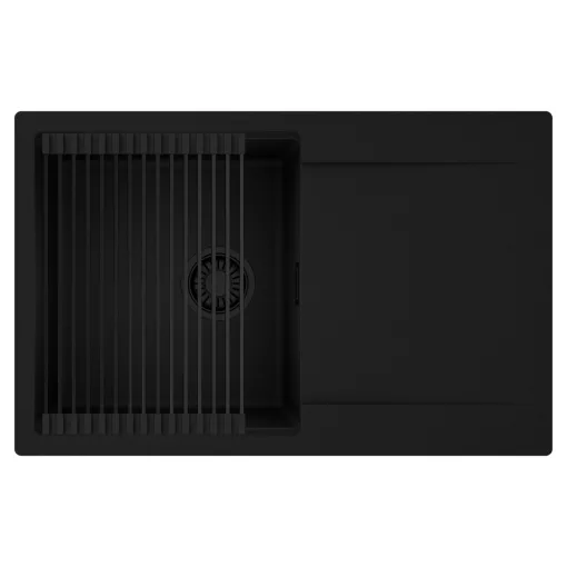 HD Onyx Black 78 egymedencés mosogatótálca szett, matt fekete csepegtetőráccsal, csepegtetőtálcával, matt fekete színben, matt fekete leeresztő szifonnal