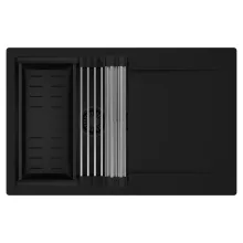 HD Onyx Black 78 egymedencés mosogatótálca szett, acél csepegtetőráccsal és matt fekete kosárral, csepegtetőtálcával, matt fekete színben, matt fekete leeresztő szifonnal