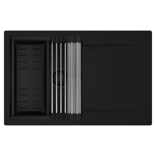 HD Onyx Black 78 egymedencés mosogatótálca szett, acél csepegtetőráccsal és matt fekete kosárral, csepegtetőtálcával, matt fekete színben, matt fekete leeresztő szifonnal