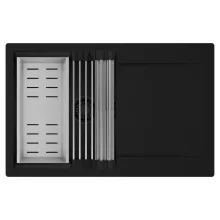 HD Onyx Black 78 egymedencés mosogatótálca szett, acél csepegtetőráccsal és kosárral, csepegtetőtálcával, matt fekete színben, matt fekete leeresztő szifonnal