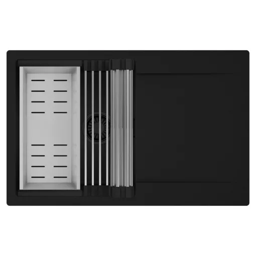 HD Onyx Black 78 egymedencés mosogatótálca szett, acél csepegtetőráccsal és kosárral, csepegtetőtálcával, matt fekete színben, matt fekete leeresztő szifonnal