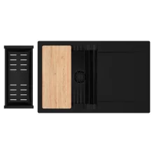 HD Onyx Black 78 egymedencés gránit mosogatótálca szett, csepegtetőtálcával, vágódeszkával, matt fekete csepegtetőráccsal és kosárral, matt fekete színben, matt fekete leeresztő szifonnal