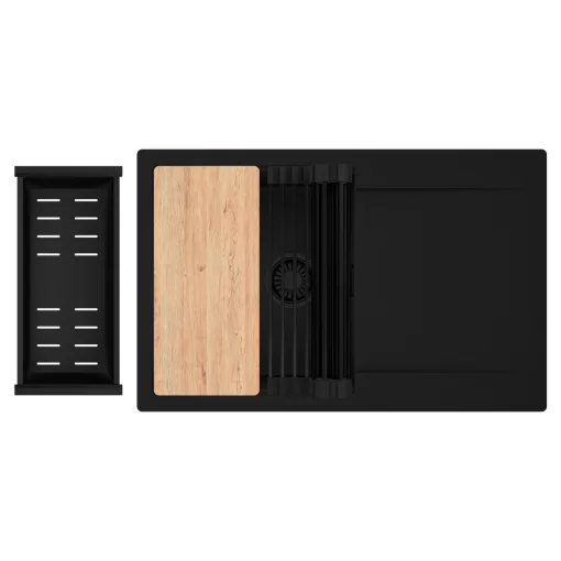 HD Onyx Black 78 egymedencés gránit mosogatótálca szett, csepegtetőtálcával, vágódeszkával, matt fekete csepegtetőráccsal és kosárral, matt fekete színben, matt fekete leeresztő szifonnal