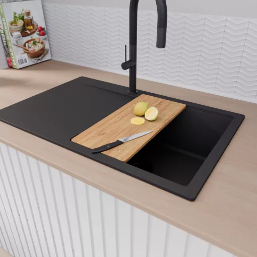 HD Onyx Black 78 egymedencés gránit mosogatótálca szett, csepegtetőtálcával, vágódeszkával, matt fekete csepegtetőráccsal és kosárral, matt fekete színben, matt fekete leeresztő szifonnal