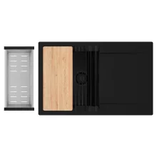 HD Onyx Black 78 egymedencés gránit mosogatótálca szett, csepegtetőtálcával, vágódeszkával, matt fekete csepegtetőráccsal és krómozott kosárral, matt fekete színben, matt fekete leeresztő szifonnal