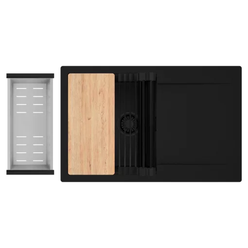 HD Onyx Black 78 egymedencés gránit mosogatótálca szett, csepegtetőtálcával, vágódeszkával, matt fekete csepegtetőráccsal és krómozott kosárral, matt fekete színben, matt fekete leeresztő szifonnal