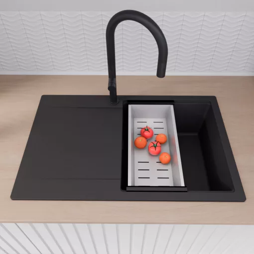 HD Onyx Black 78 egymedencés gránit mosogatótálca szett, csepegtetőtálcával, vágódeszkával, matt fekete csepegtetőráccsal és krómozott kosárral, matt fekete színben, matt fekete leeresztő szifonnal