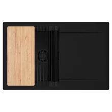 HD Onyx Black 78 egymedencés gránit mosogatótálca szett, csepegtetőtálcával, vágódeszkával, matt fekete csepegtetőráccsal, matt fekete színben, matt fekete leeresztő szifonnal