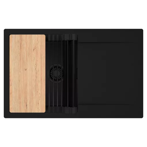 HD Onyx Black 78 egymedencés gránit mosogatótálca szett, csepegtetőtálcával, vágódeszkával, matt fekete csepegtetőráccsal, matt fekete színben, matt fekete leeresztő szifonnal