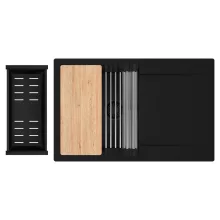 HD Onyx Black 78 egymedencés gránit mosogatótálca szett, csepegtetőtálcával, vágódeszkával, acél csepegtetőráccsal és matt fekete kosárral, matt fekete színben, matt fekete leeresztő szifonnal