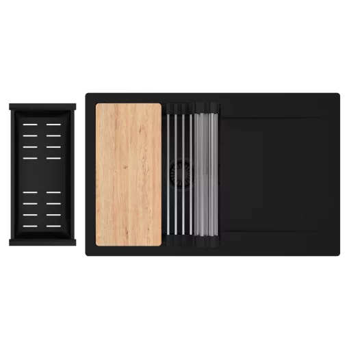 HD Onyx Black 78 egymedencés gránit mosogatótálca szett, csepegtetőtálcával, vágódeszkával, acél csepegtetőráccsal és matt fekete kosárral, matt fekete színben, matt fekete leeresztő szifonnal