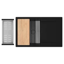 HD Onyx Black 78 egymedencés gránit mosogatótálca szett, csepegtetőtálcával, vágódeszkával, acél csepegtetőráccsal és kosárral, matt fekete színben, matt fekete leeresztő szifonnal