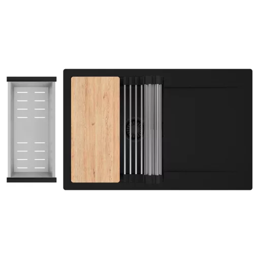 HD Onyx Black 78 egymedencés gránit mosogatótálca szett, csepegtetőtálcával, vágódeszkával, acél csepegtetőráccsal és kosárral, matt fekete színben, matt fekete leeresztő szifonnal