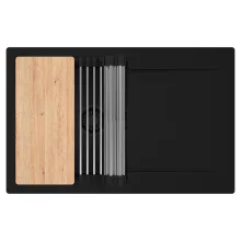 HD Onyx Black 78 egymedencés gránit mosogatótálca szett, csepegtetőtálcával, vágódeszkával, acél csepegtetőráccsal, matt fekete színben, matt fekete leeresztő szifonnal