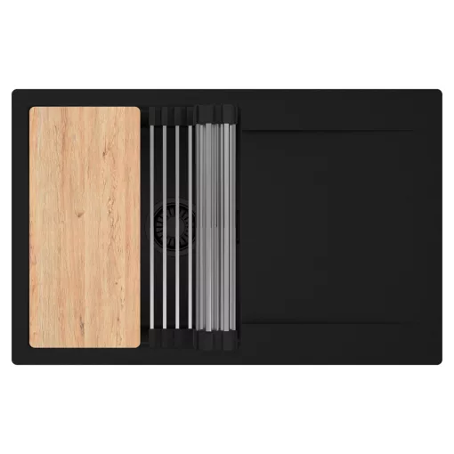 HD Onyx Black 78 egymedencés gránit mosogatótálca szett, csepegtetőtálcával, vágódeszkával, acél csepegtetőráccsal, matt fekete színben, matt fekete leeresztő szifonnal