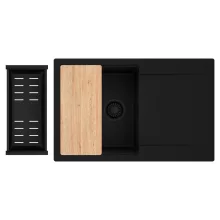 HD Onyx Black 78 egymedencés gránit mosogatótálca szett, csepegtetőtálcával, vágódeszkával, matt fekete csepegtetőkosárral, matt fekete színben, matt fekete leeresztő szifonnal