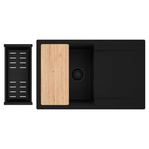 HD Onyx Black 78 egymedencés gránit mosogatótálca szett, csepegtetőtálcával, vágódeszkával, matt fekete csepegtetőkosárral, matt fekete színben, matt fekete leeresztő szifonnal