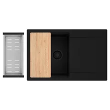 HD Onyx Black 78 egymedencés gránit mosogatótálca szett, csepegtetőtálcával, vágódeszkával, acél csepegtetőkosárral, matt fekete színben, matt fekete leeresztő szifonnal