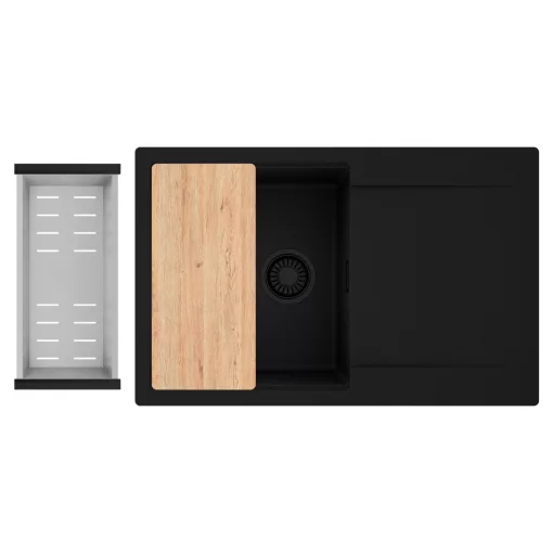 HD Onyx Black 78 egymedencés gránit mosogatótálca szett, csepegtetőtálcával, vágódeszkával, acél csepegtetőkosárral, matt fekete színben, matt fekete leeresztő szifonnal