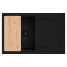 HD Onyx Black 78 egymedencés gránit mosogatótálca, vágódeszkával, matt fekete színben, matt fekete leeresztő szifonnal