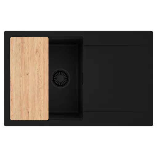 HD Onyx Black 78 egymedencés gránit mosogatótálca, vágódeszkával, matt fekete színben, matt fekete leeresztő szifonnal