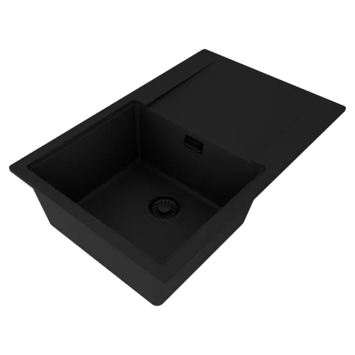 HD Onyx Black 78 egymedencés gránit mosogatótálca, vágódeszkával, matt fekete színben, matt fekete leeresztő szifonnal