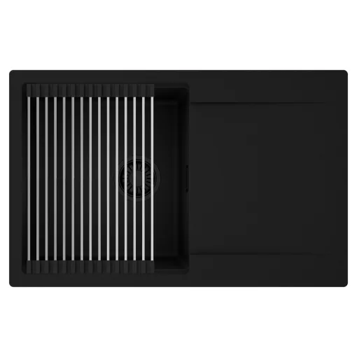 HD Onyx Black 78 egymedencés mosogatótálca szett, acél csepegtetőráccsal, csepegtetőtálcával, matt fekete színben, matt fekete leeresztő szifonnal